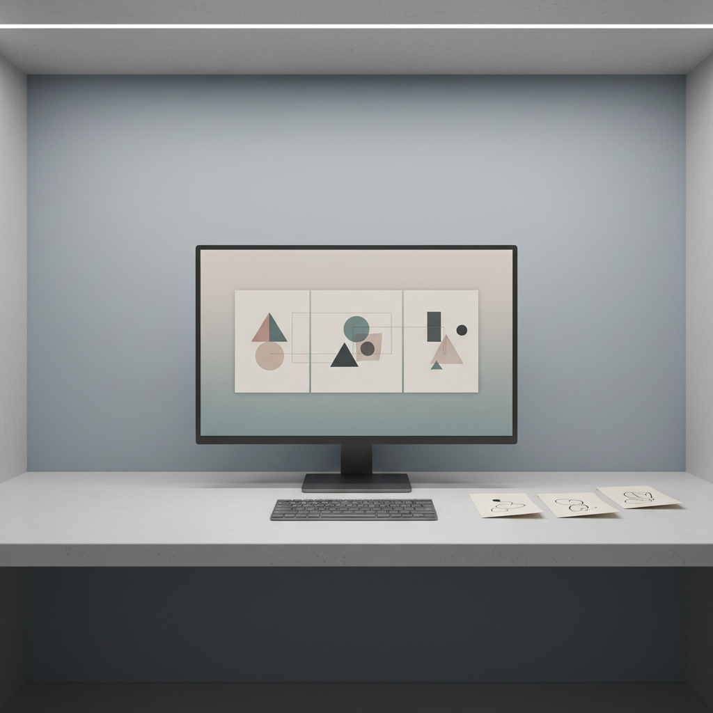 A minimalist video editing suite, featuring a streamlined computer monitor displaying a muted color palette storyboard with elegant geometric shapes on the screen. The monitor rests on a matte, light concrete desk, surrounded sparingly by a sleek, wireless keyboard and a few refined paper notes. The workspace backs onto a soft, gradient wall in shades of pale grey and dusty blue, with discreet built-in lighting providing even, shadowless illumination. The ambiance is modern and contemplative, evoking understated luxury and focus. Captured from an eye-level, symmetrical composition with crisp focus and clean lines, the image embodies sophisticated, minimalist photographic realism, reflecting the site’s emphasis on video and multimedia design.