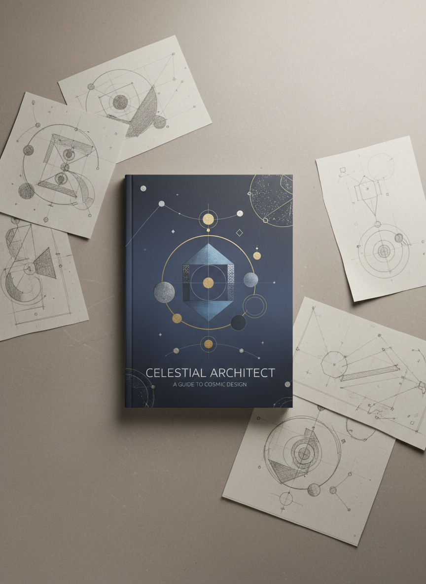 A single, exquisitely illustrated book cover lies flat on a muted, stone-hued surface, its smooth matte finish and delicate spot-gloss design details catching traces of soft, indirect light. Around the book, a few precise graphite sketches are arranged with subtle order, partially visible as if suggesting the designer’s creative process. The setting is minimal and tidy, with the neutral-toned background gradually fading at the edges. Gentle studio lighting creates subtle gradients and highlights that bring out the fine line work and texture of the materials. Photographed from a top-down, bird’s-eye view, the composition is both serene and intentional, projecting an atmosphere of quiet focus and sophistication. The style harmonizes minimalist elegance with sharp, photographic clarity, perfectly capturing graphic illustration work.